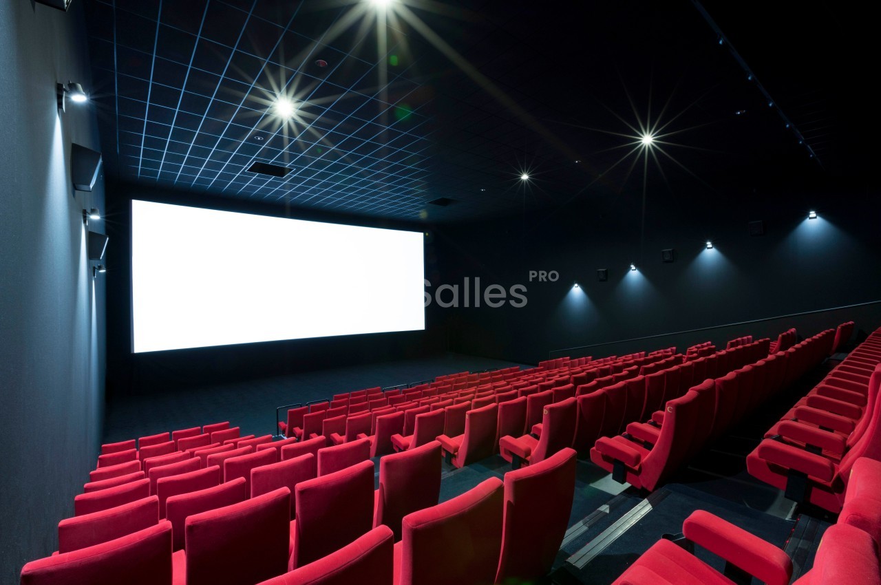 Salle de cinéma vide avec des rangées de fauteuils rouges et un grand écran blanc allumé.