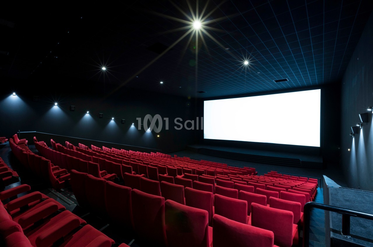Salle de cinéma vide avec des rangées de sièges rouges et un grand écran blanc allumé.