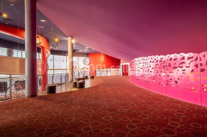 Couloir intérieur avec moquette rouge, murs décorés de motifs colorés et éclairage tamisé.