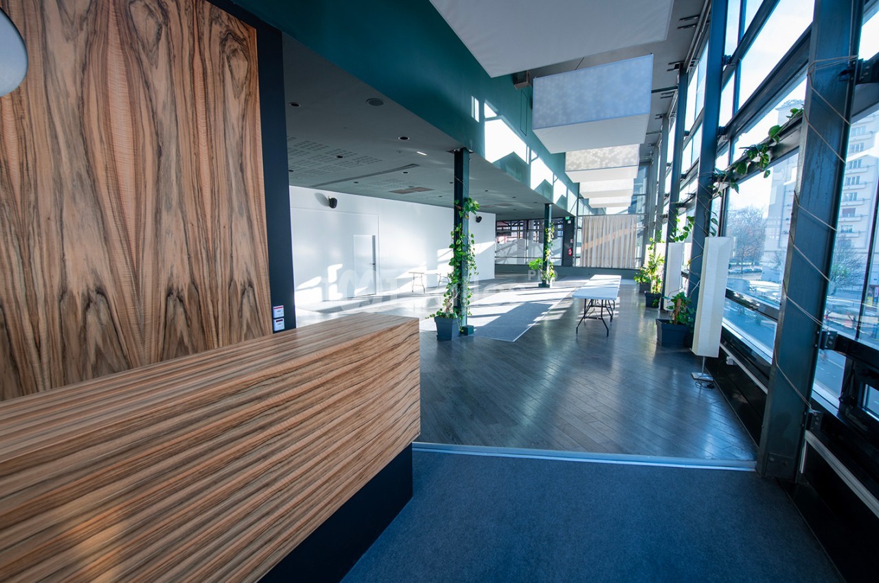 Espace intérieur lumineux avec un comptoir en bois, de grandes fenêtres et des plantes décoratives.