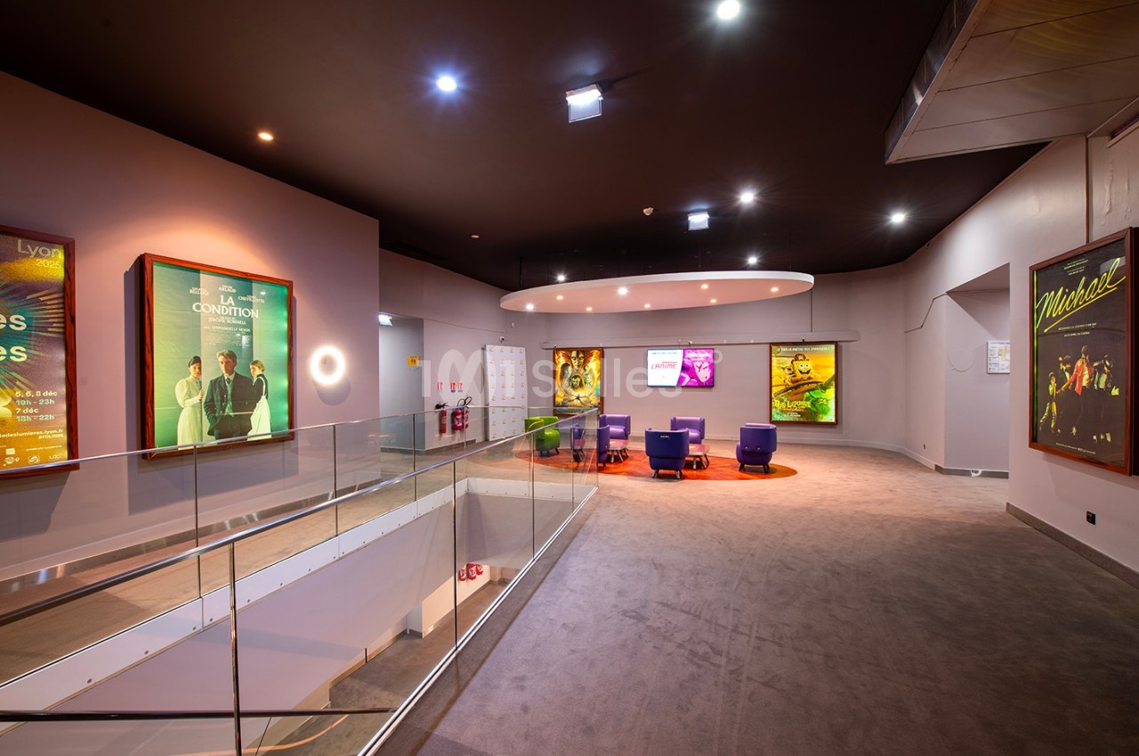 Espace intérieur d'un cinéma avec affiches de films sur les murs, fauteuils et éclairage moderne.