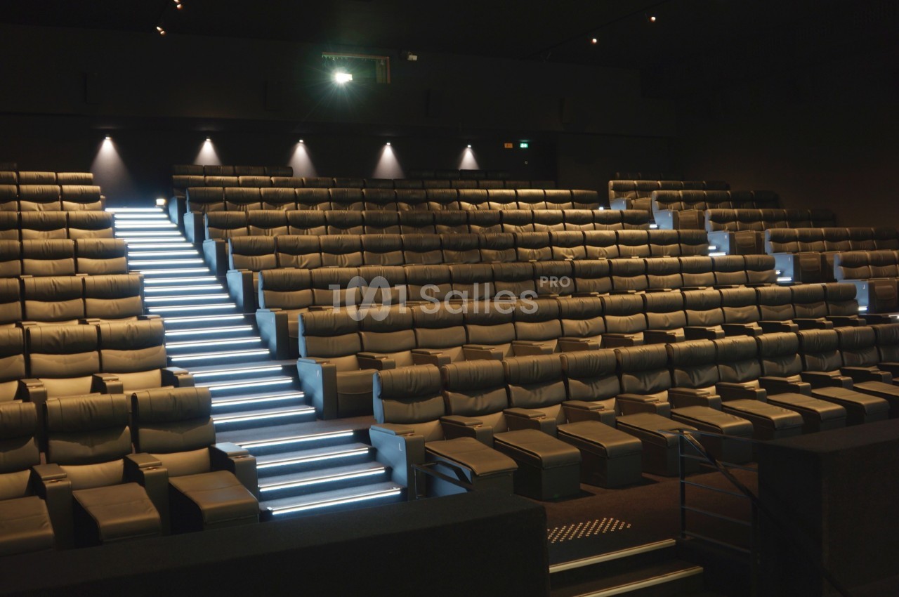 Salle de cinéma avec sièges en cuir inclinables, éclairage discret et marches lumineuses.