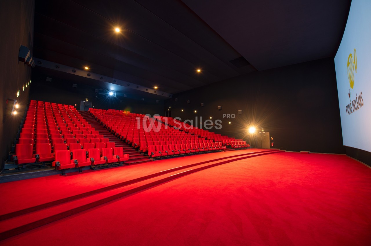 Salle de cinéma vide avec des rangées de sièges rouges, écran blanc allumé et éclairage tamisé.