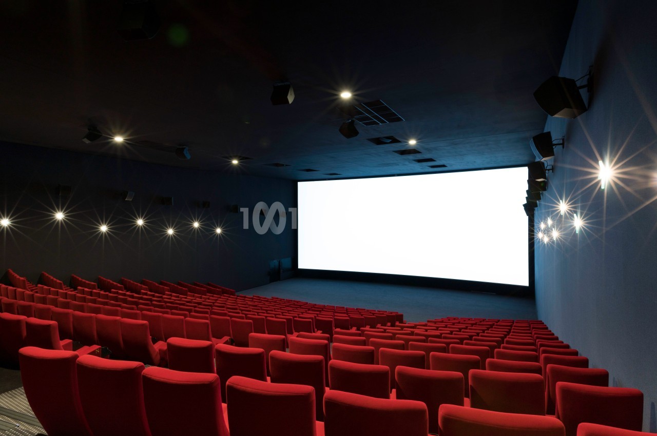 Salle de cinéma vide avec des rangées de fauteuils rouges et un grand écran blanc allumé.
