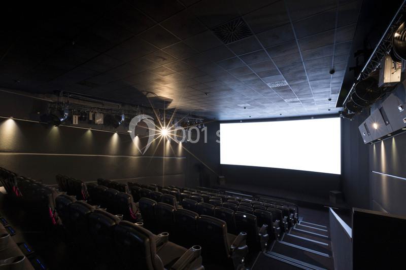 Salle de cinéma vide avec des rangées de sièges noirs et un écran blanc allumé au fond.