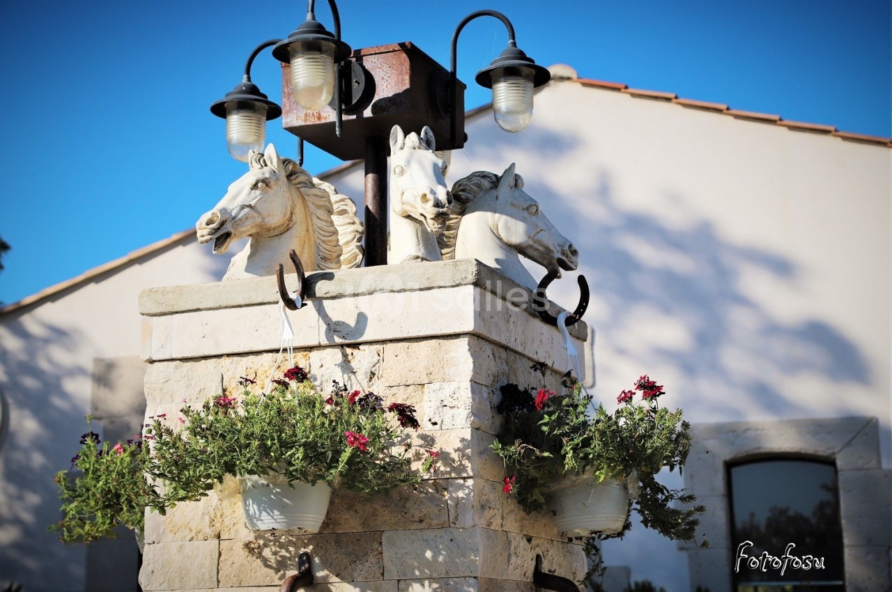 Sculpture de têtes de chevaux sur une structure en pierre ornée de fleurs suspendues et de lampes, en extérieur.
