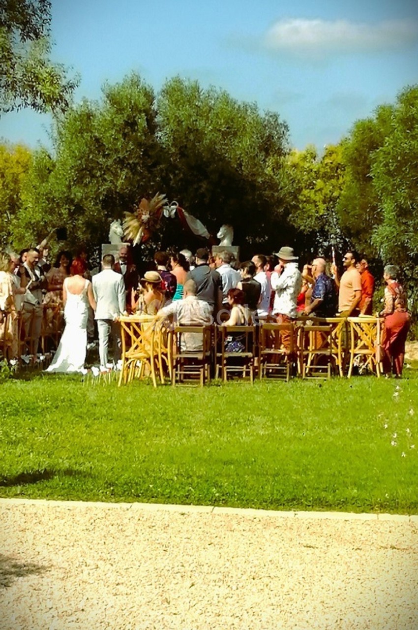 Un mariage en plein air avec des invités rassemblés autour d'une cérémonie dans un jardin verdoyant.