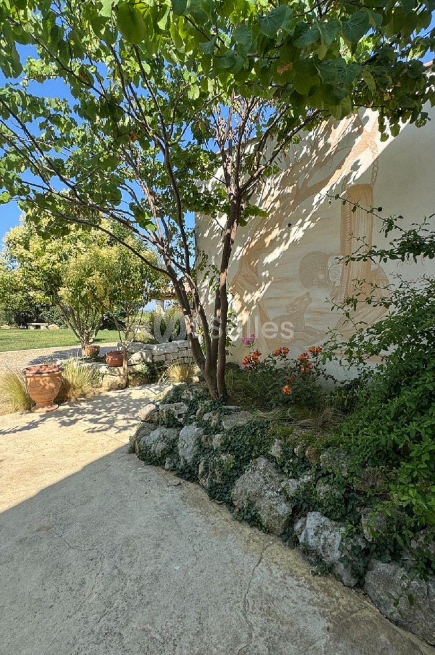 Un jardin avec un arbre ombrageant un mur beige décoré, des pots en terre cuite et des fleurs colorées au sol.