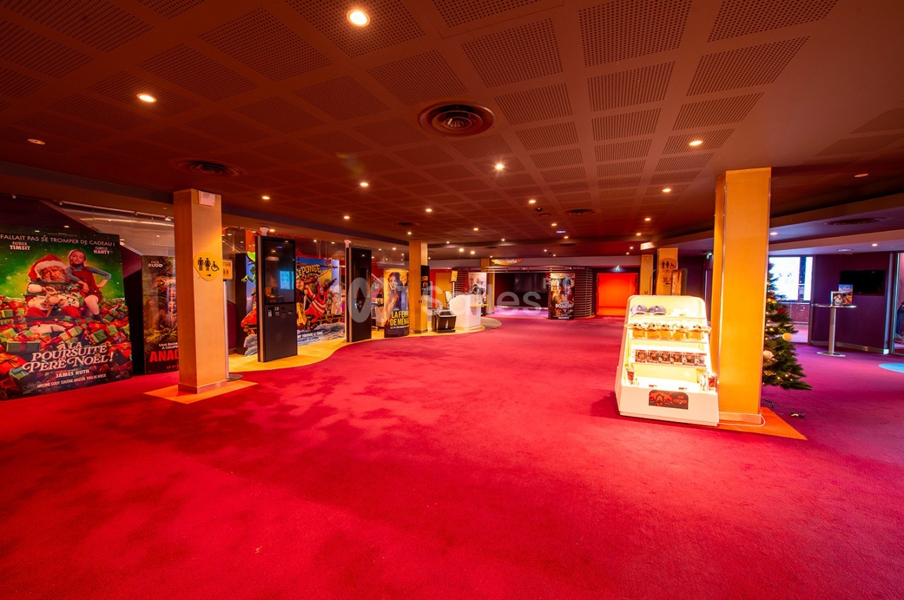 Espace intérieur avec moquette rouge, affiches de films sur les murs et présentoirs lumineux au premier plan.