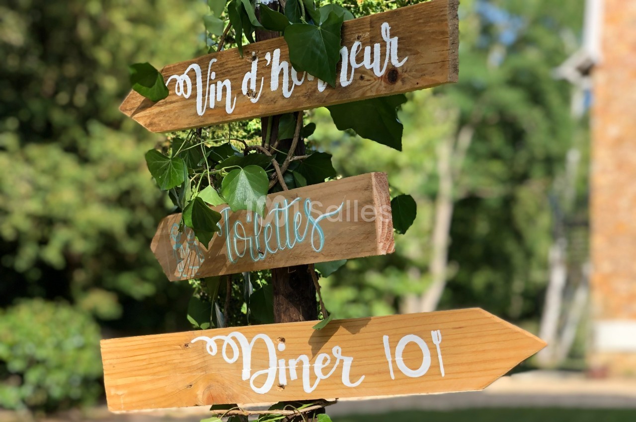 Panneaux en bois indiquant ’Vin d'honneur’, ’Toilettes’ et ’Dîner’ dans un cadre extérieur verdoyant.