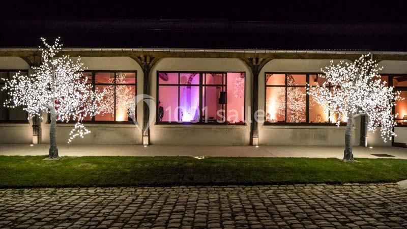 Façade d'un bâtiment éclairé de nuit, avec des arbres décorés de guirlandes lumineuses et un sol pavé au premier plan.