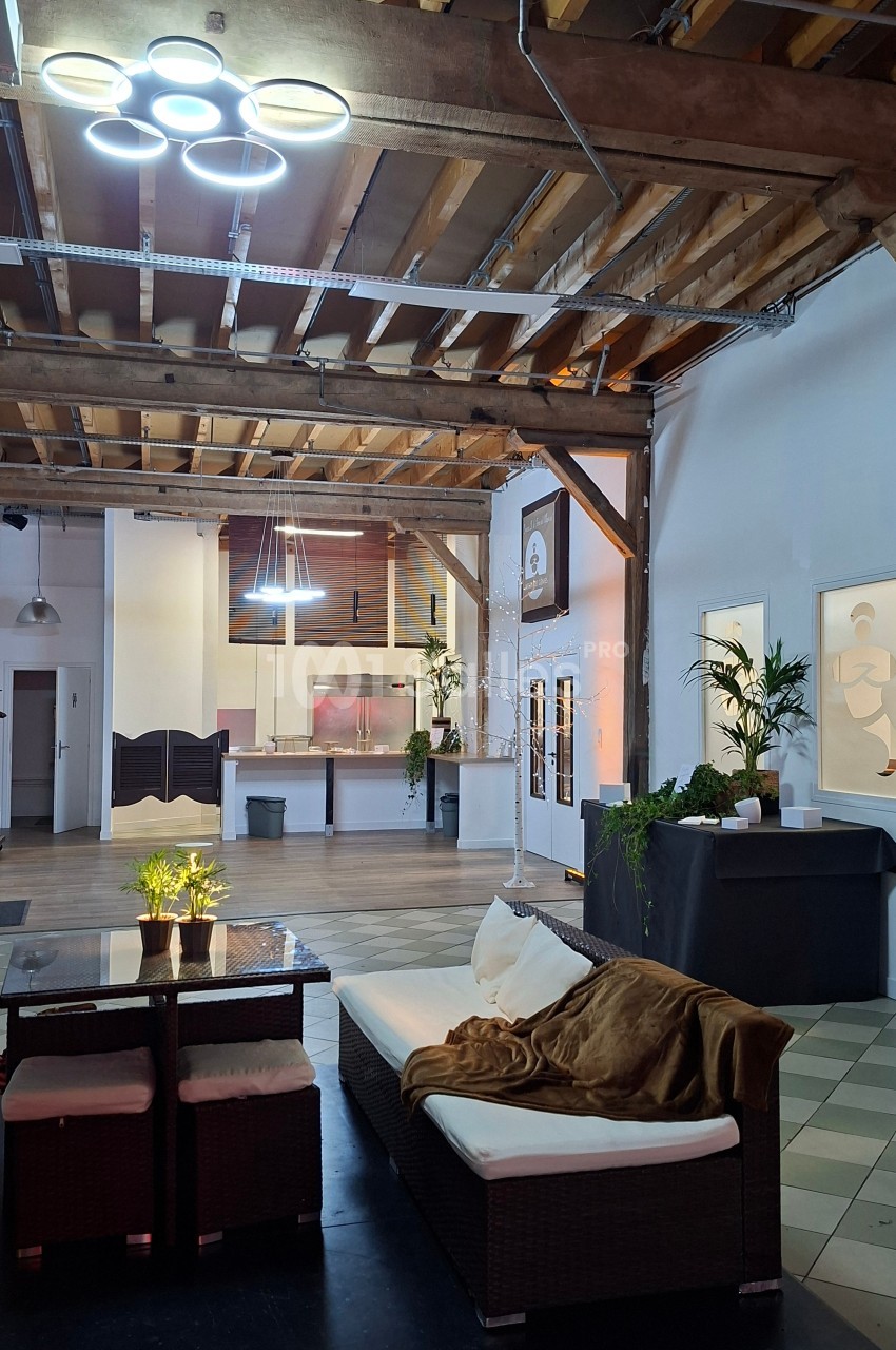 Espace intérieur avec plafond en bois, canapé, table basse, plantes et éclairage moderne dans un cadre lumineux.