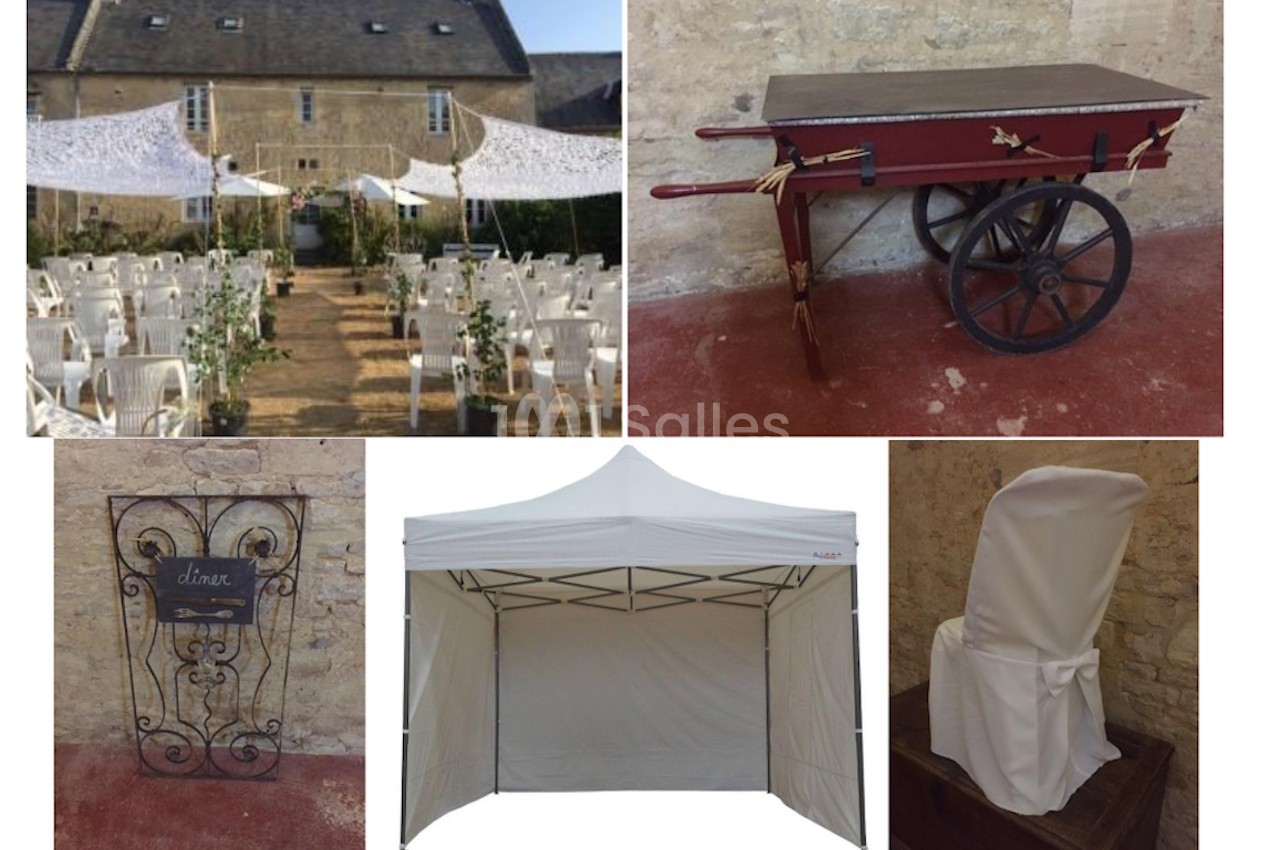 1. Allée centrale décorée pour une cérémonie en extérieur, entourée de chaises blanches et de voiles suspendus. 2. Chariot…