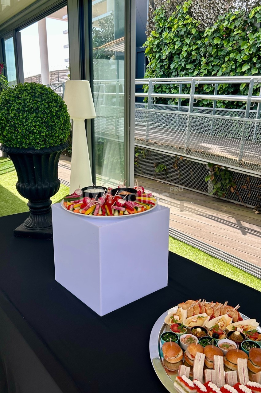 Plateau de fruits frais et assortiment de canapés disposés sur une table dans un espace extérieur lumineux.