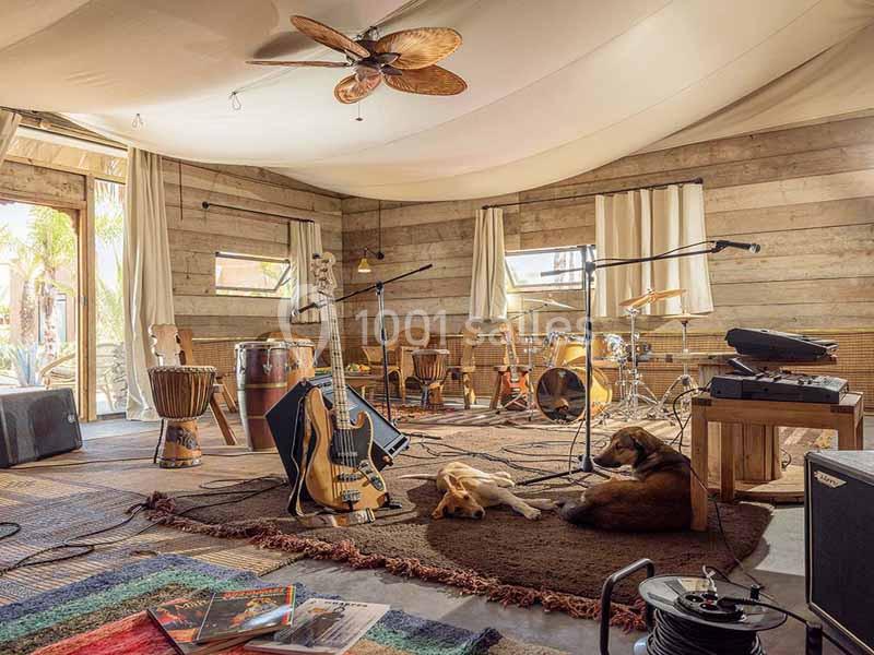Salle de musique avec instruments, micros, tapis colorés et deux chiens allongés au centre.