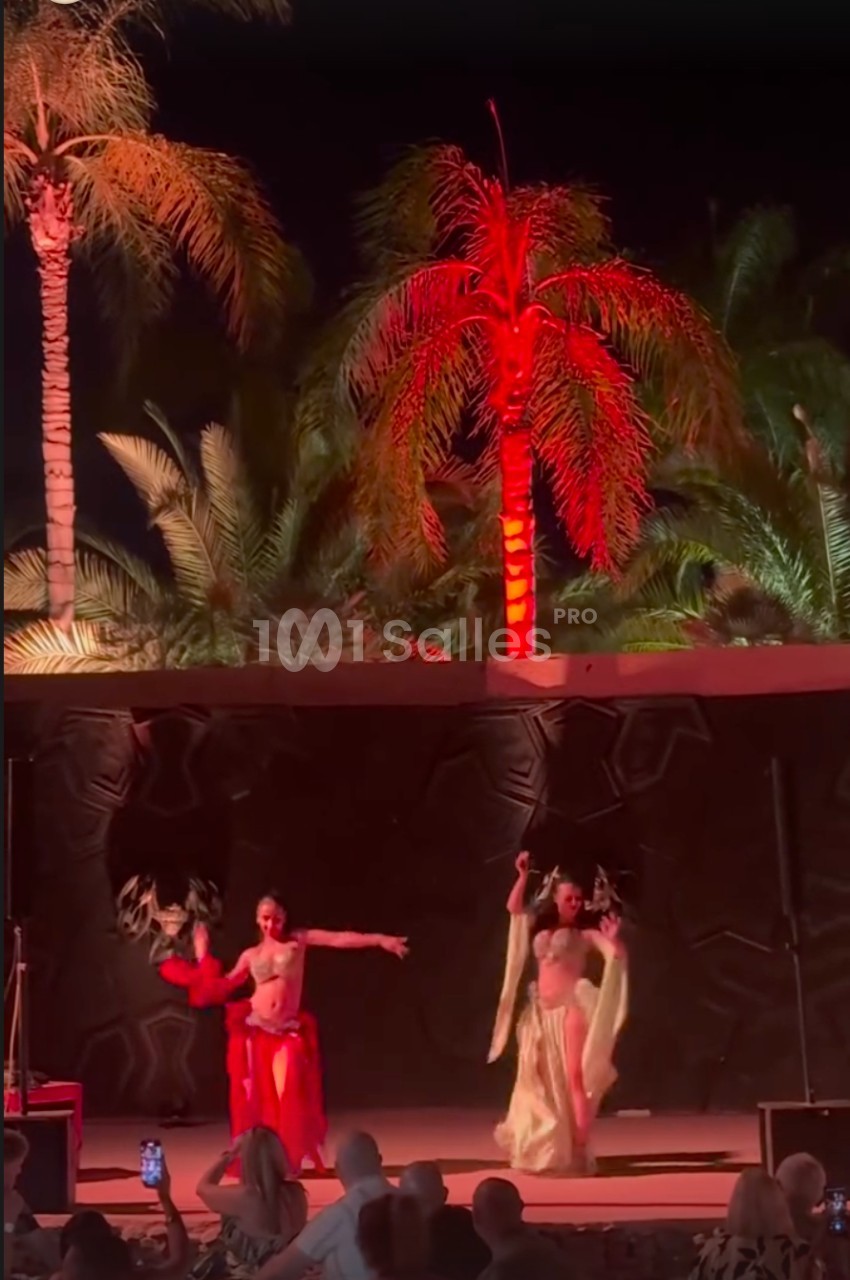 Danseuses en tenue traditionnelle exécutant une chorégraphie sur une scène extérieure éclairée, avec des palmiers en arrière…