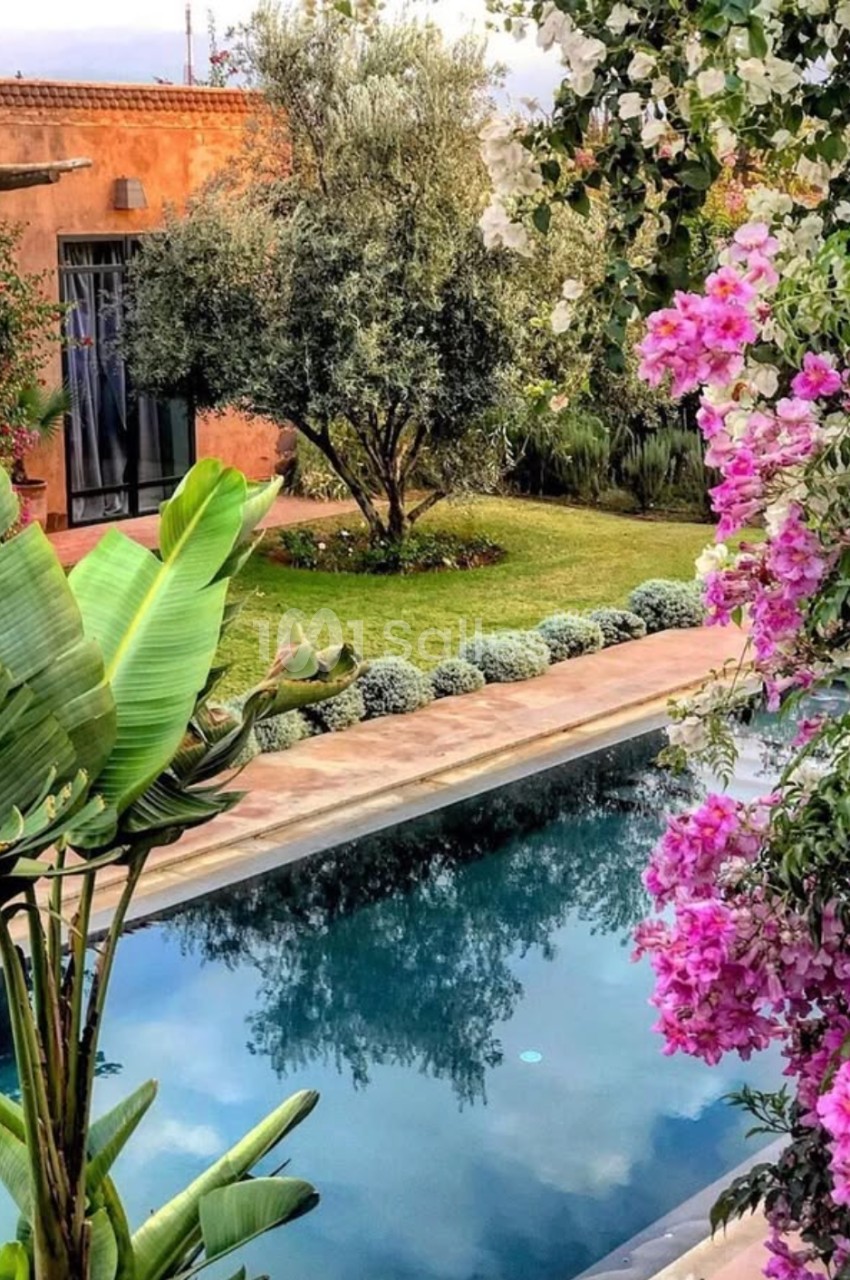 Jardin méditerranéen avec piscine, fleurs colorées, arbres et façade en terre cuite sous un ciel légèrement nuageux.