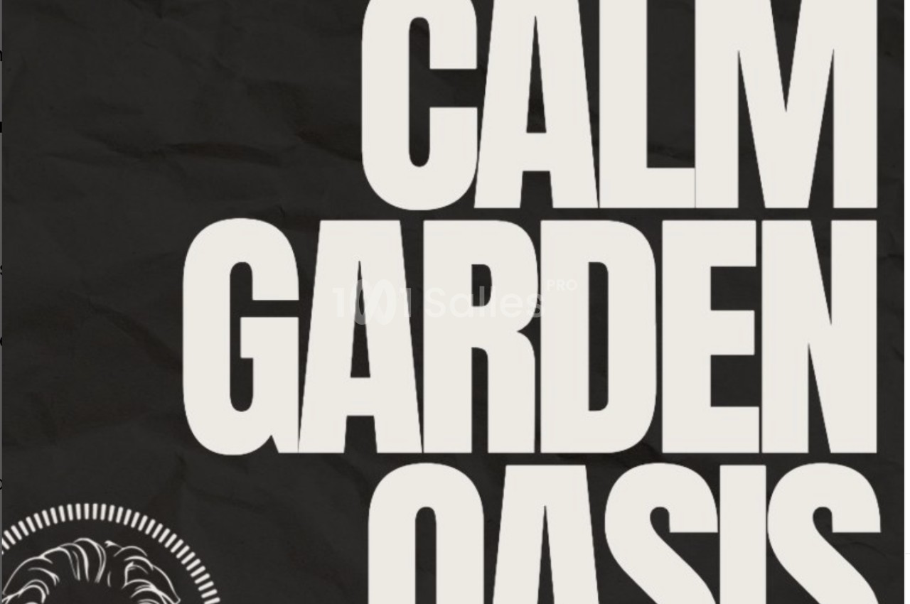 Texte blanc ’Calm Garden Oasis’ sur fond noir avec un dessin de lion stylisé en bas à gauche.