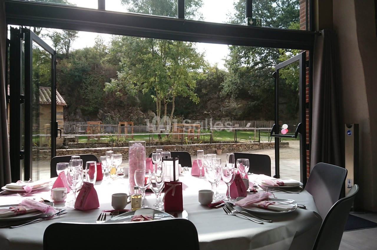 Table dressée avec nappes blanches et serviettes roses, disposée près de baies vitrées ouvertes sur un jardin verdoyant.