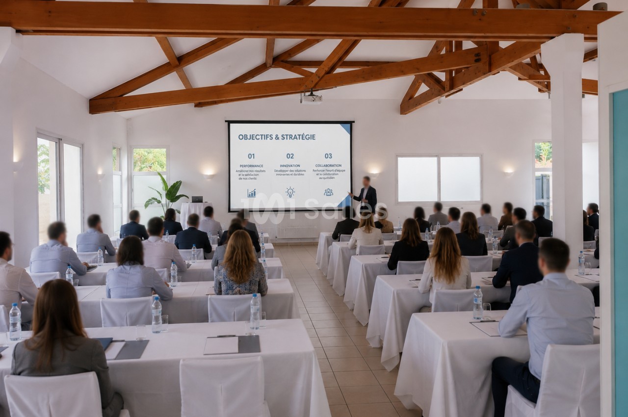 Un conférencier présente des objectifs et stratégies à un groupe de personnes assises dans une salle lumineuse.