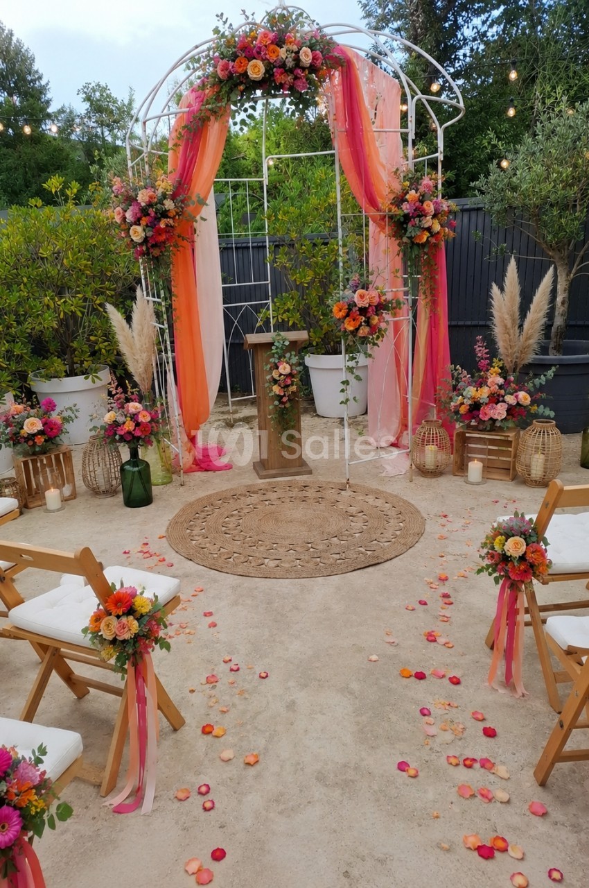 Arche de mariage décorée de fleurs colorées, entourée de chaises en bois et de pétales au sol dans un jardin.