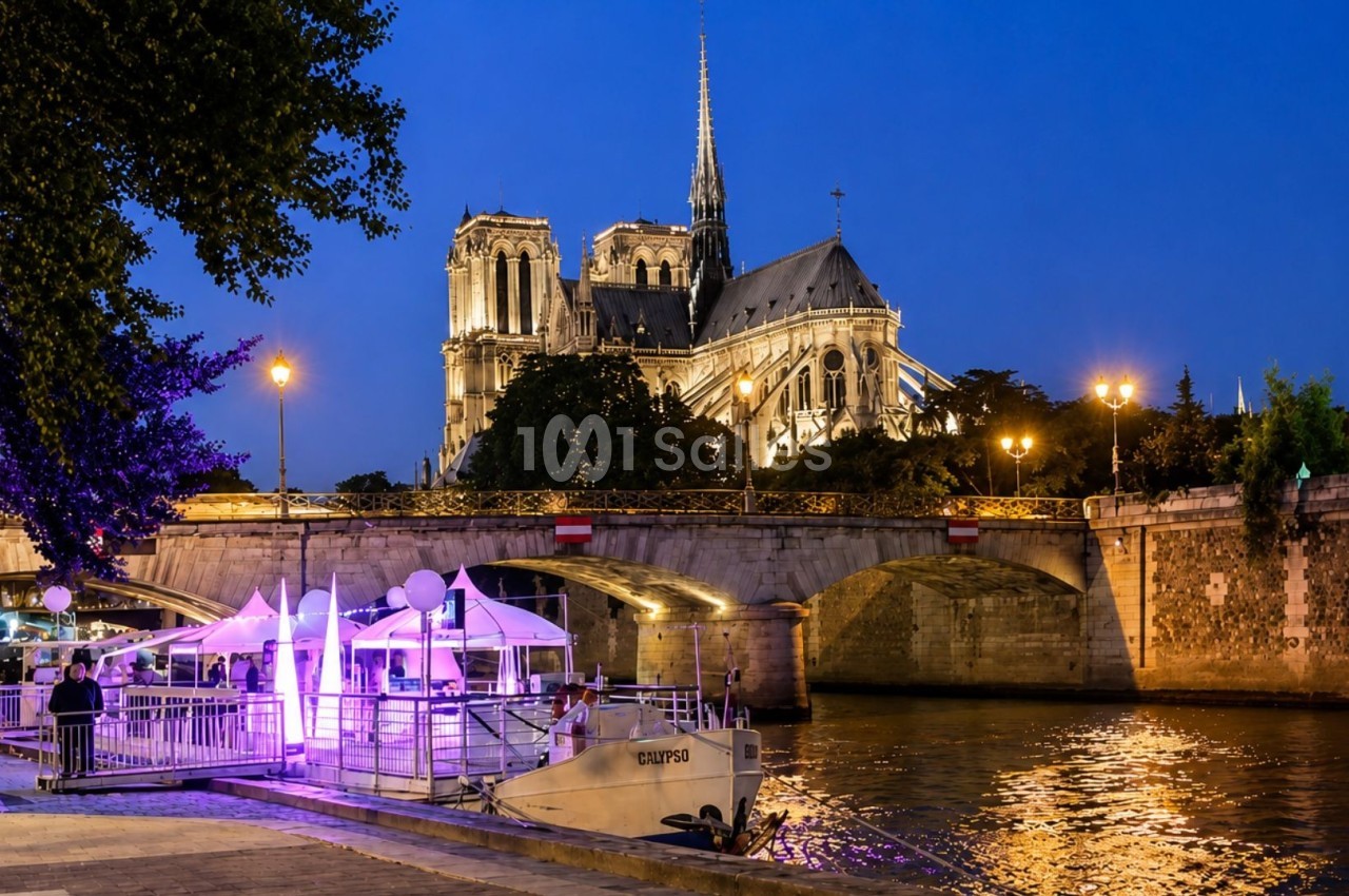 Vue nocturne de la cathédrale Notre-Dame de Paris éclairée, avec un bateau amarré sur la Seine au premier plan.
