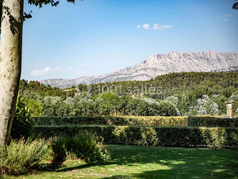 Paysage avec un jardin verdoyant au premier plan, des arbres et une montagne sous un ciel bleu en arrière-plan.