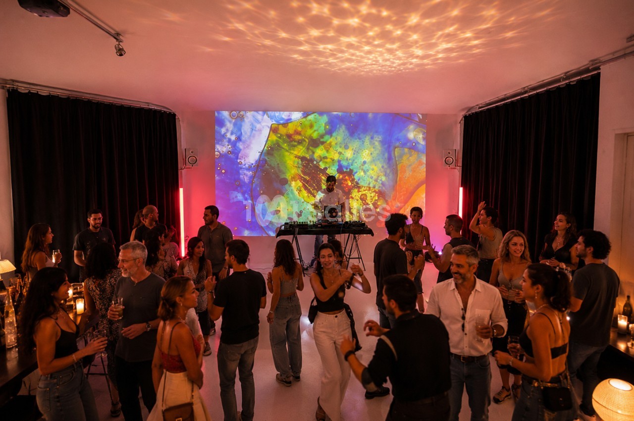 Groupe de personnes dansant et socialisant dans une salle avec un DJ et des projections colorées sur un mur.