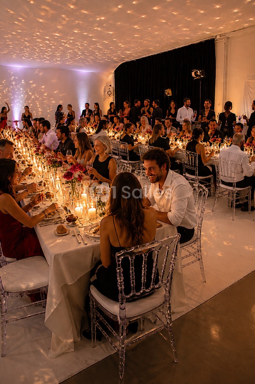 Salle de réception illuminée avec des invités dînant à de longues tables décorées de bougies et de fleurs.
