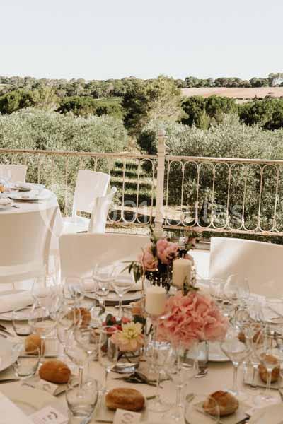 Table dressée pour un repas en extérieur avec vaisselle élégante, fleurs roses et vue sur un paysage verdoyant.
