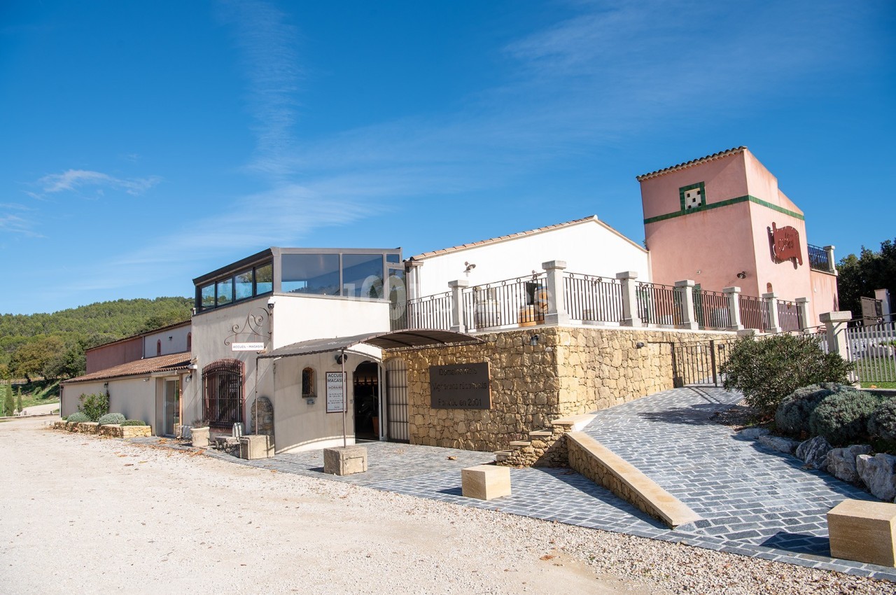 Bâtiment en pierre et crépi avec terrasse, entouré de végétation sous un ciel bleu clair.
