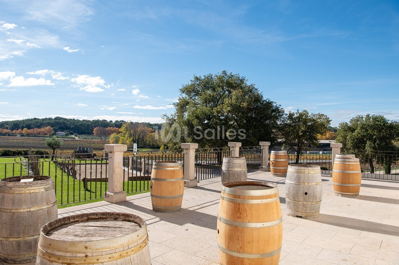 Barriques en bois disposées sur une terrasse surplombant un vignoble sous un ciel bleu dégagé.