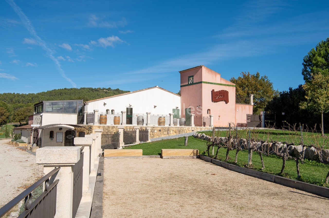 Bâtiment clair et moderne entouré de verdure, avec un ciel bleu dégagé en arrière-plan.