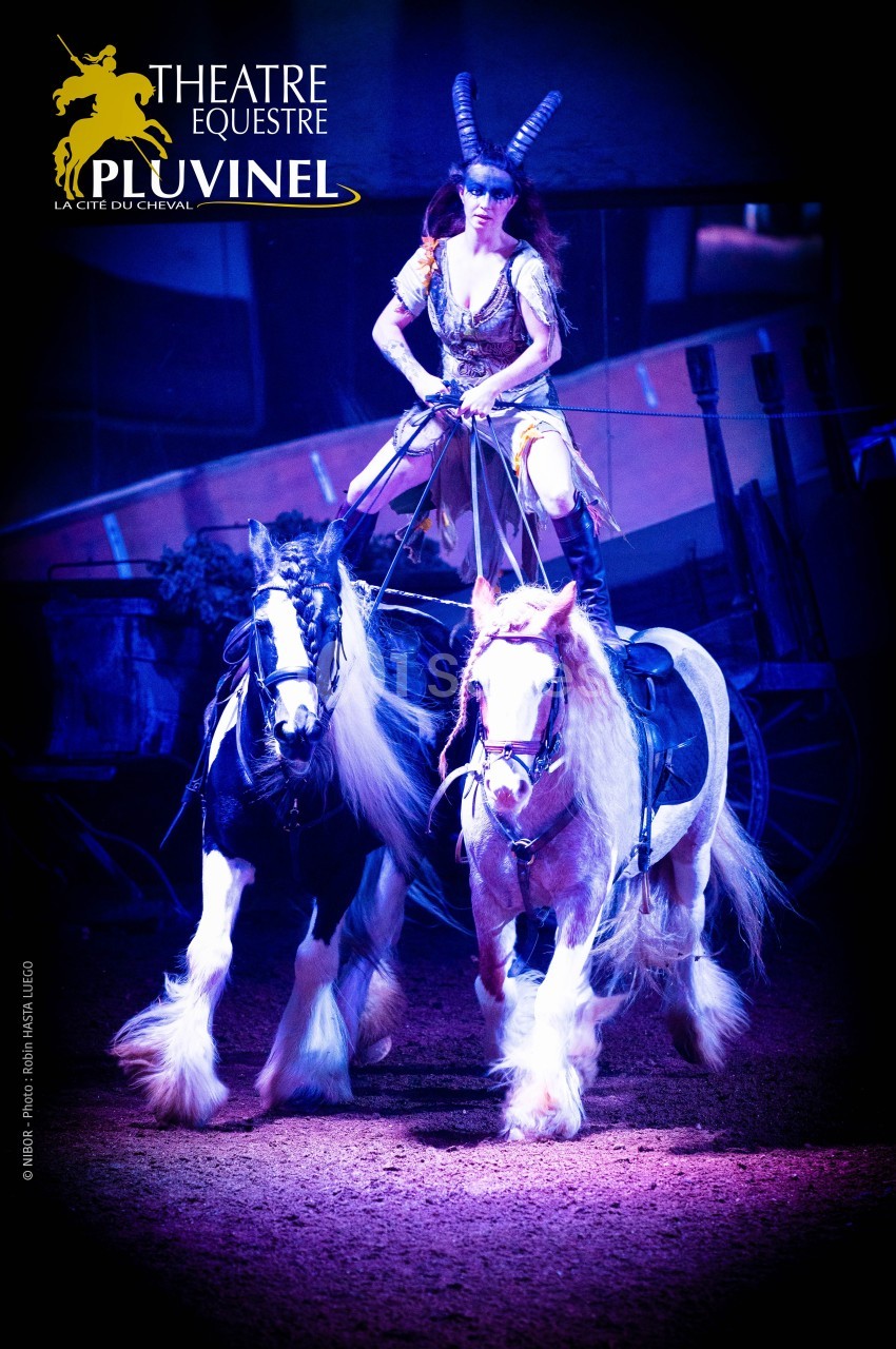 Cavalière debout sur deux chevaux en mouvement lors d'un spectacle équestre sous éclairage coloré.