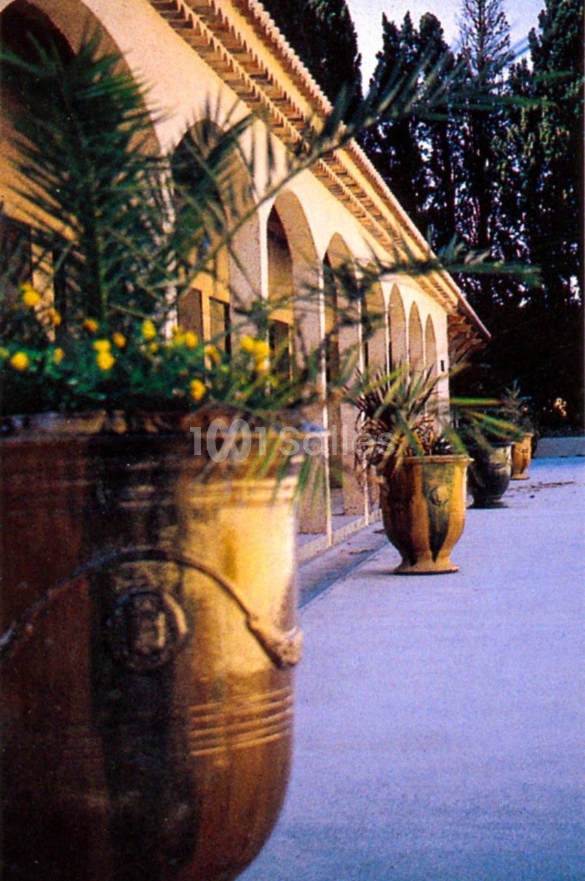 Alignement de grands pots en terre cuite avec des plantes, devant un bâtiment à arcades et une allée bordée d'arbres.