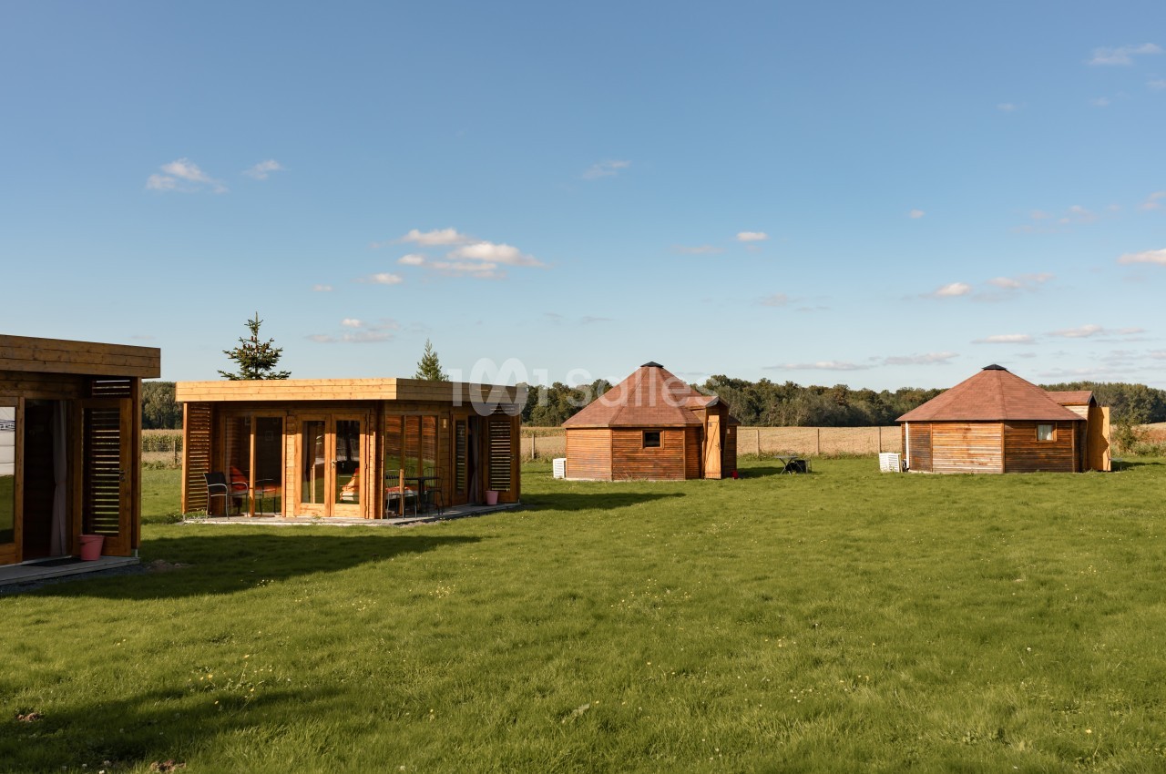 Chalets en bois modernes et petites cabanes sur un terrain herbeux sous un ciel dégagé.