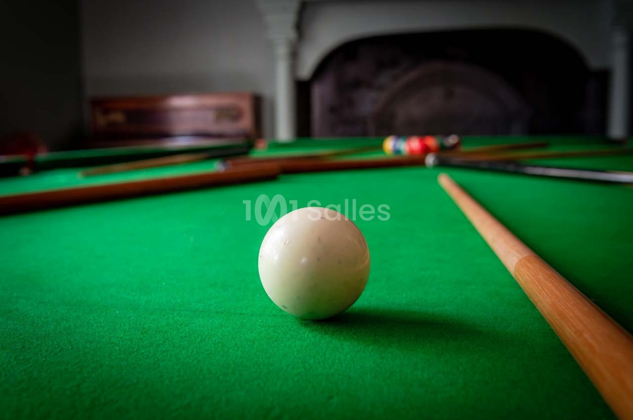 Bille blanche de billard posée sur une table verte, entourée de queues et d'autres billes en arrière-plan flou.