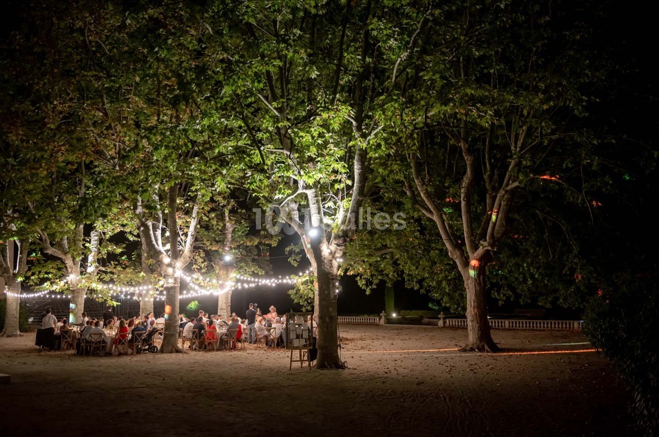 Des convives dînent en plein air sous des arbres illuminés par des guirlandes lumineuses dans un cadre nocturne.