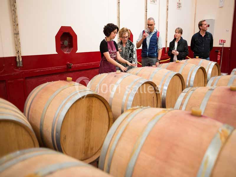 Des personnes visitent une cave et observent des fûts en bois alignés dans un espace intérieur.