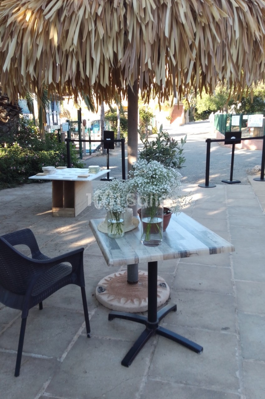 Table en marbre avec des bouquets de fleurs blanches sous un parasol en feuilles de palmier, dans un espace extérieur.