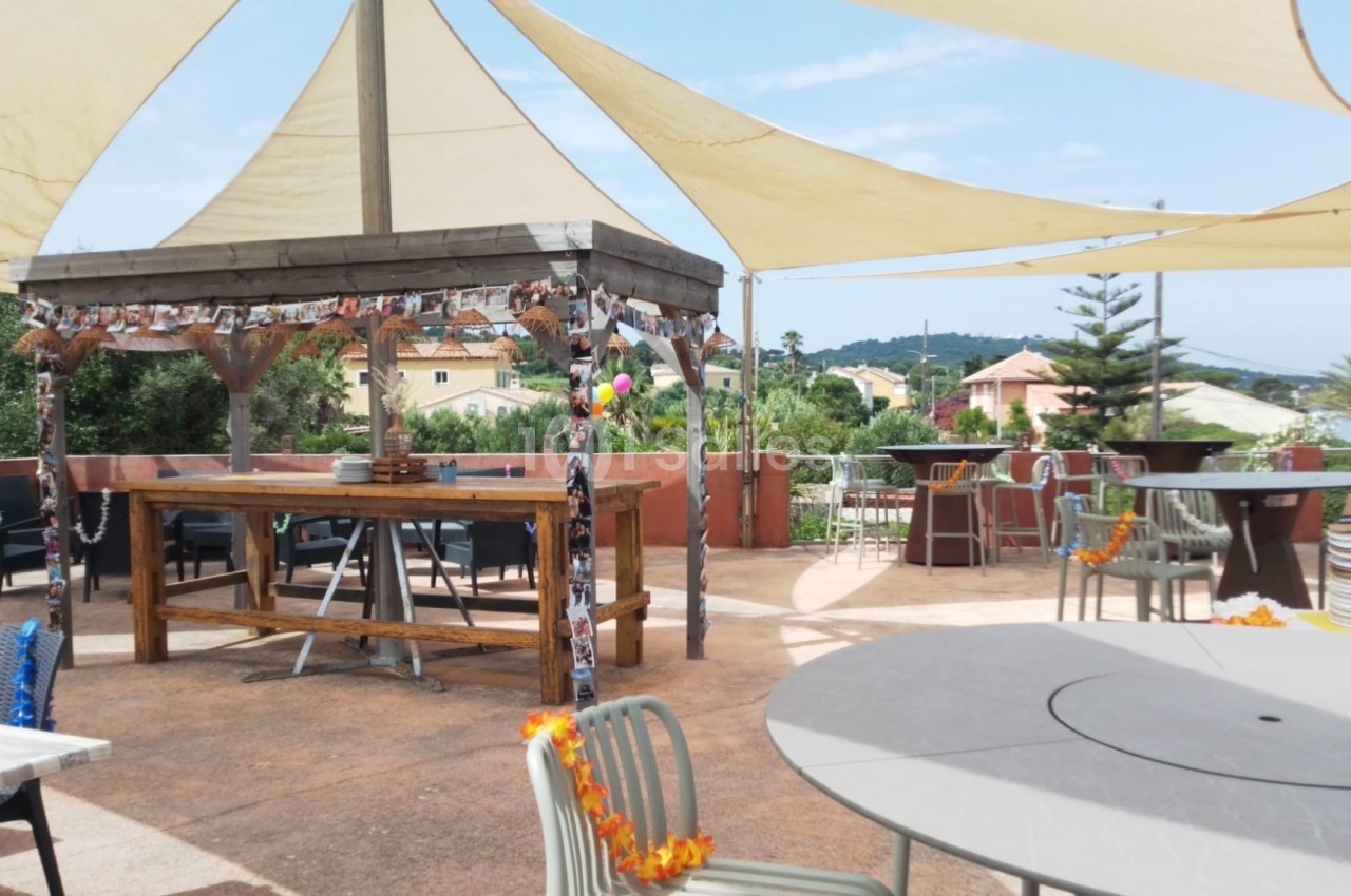 Terrasse extérieure avec tables, chaises et pergola ombragée, entourée de végétation et de maisons au loin.
