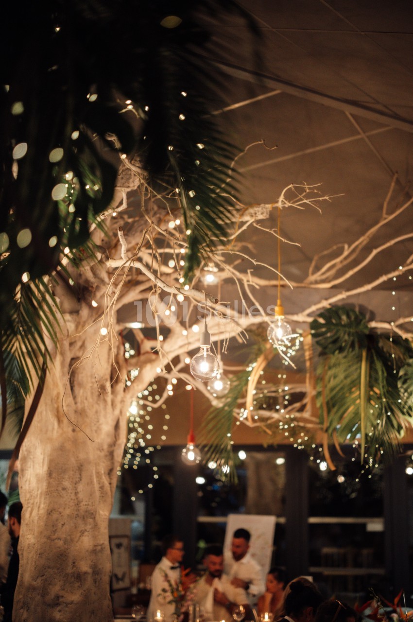 Un arbre décoratif illuminé de guirlandes lumineuses dans un espace intérieur avec des plantes et des convives en arrière…