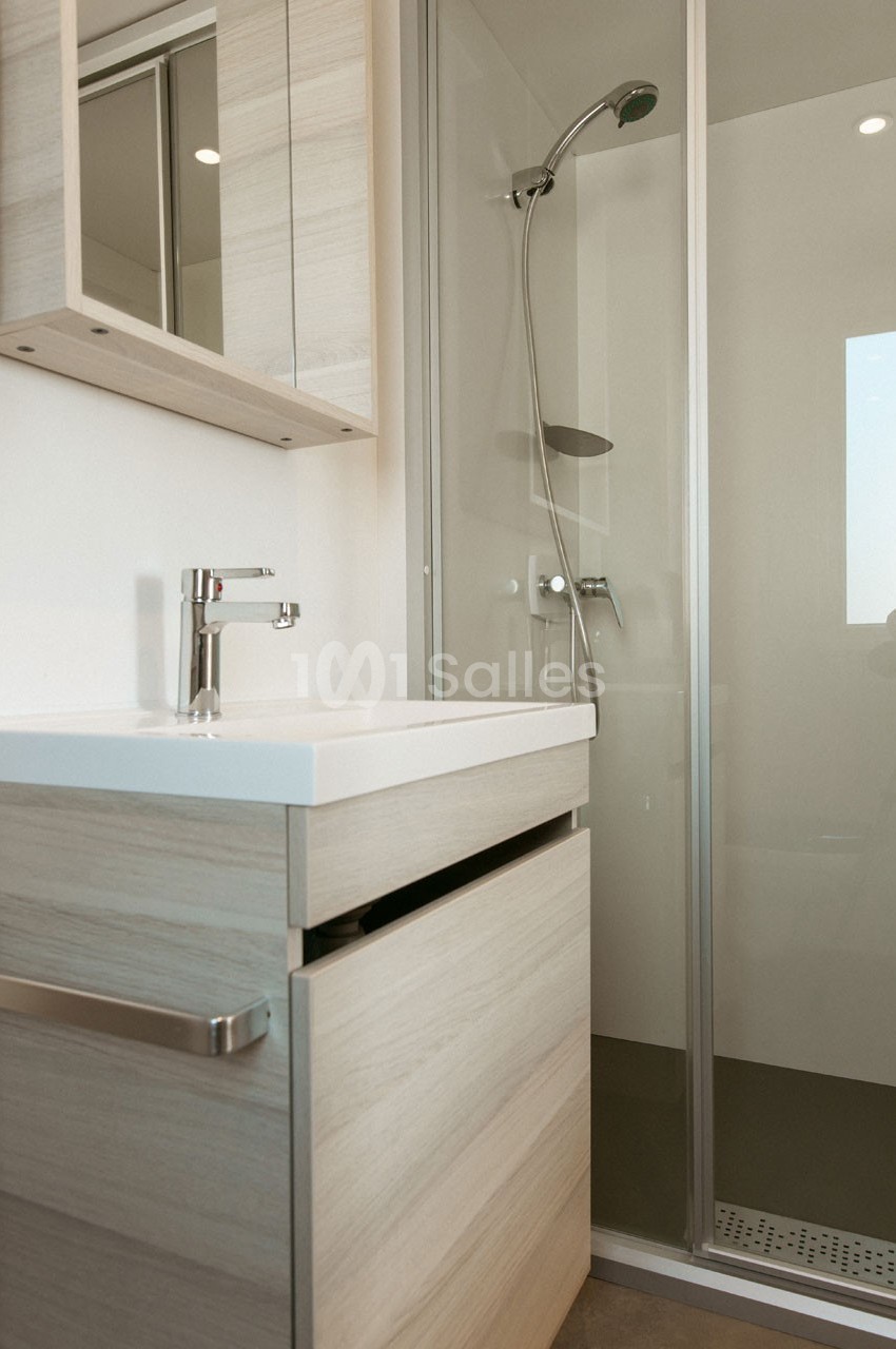 Salle de bain moderne avec meuble en bois clair, lavabo, miroir et douche vitrée équipée d'une pomme de douche.