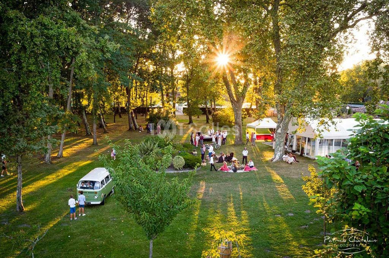 Vue aérienne d'un jardin ensoleillé avec des arbres, des invités rassemblés et un van vintage stationné.