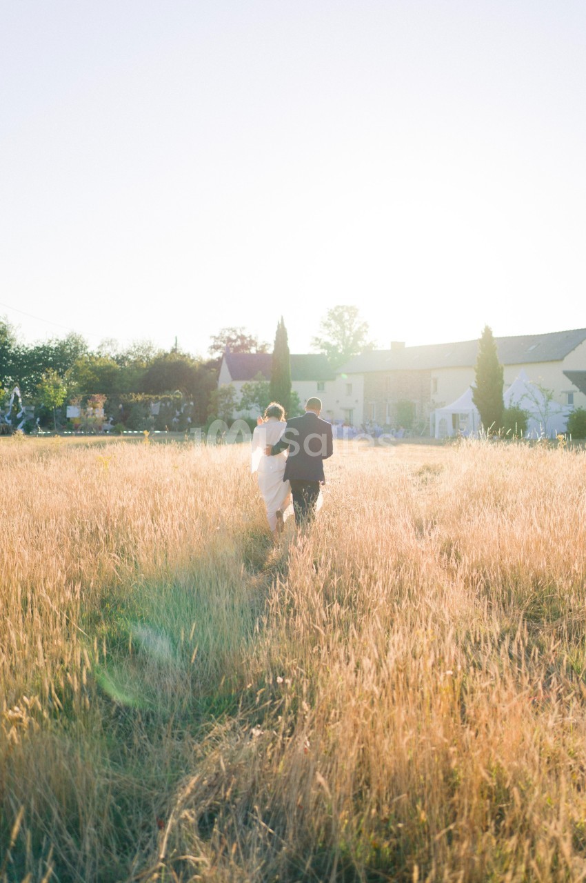 Un couple marche dans un champ doré au coucher du soleil, avec des maisons et des arbres en arrière-plan.