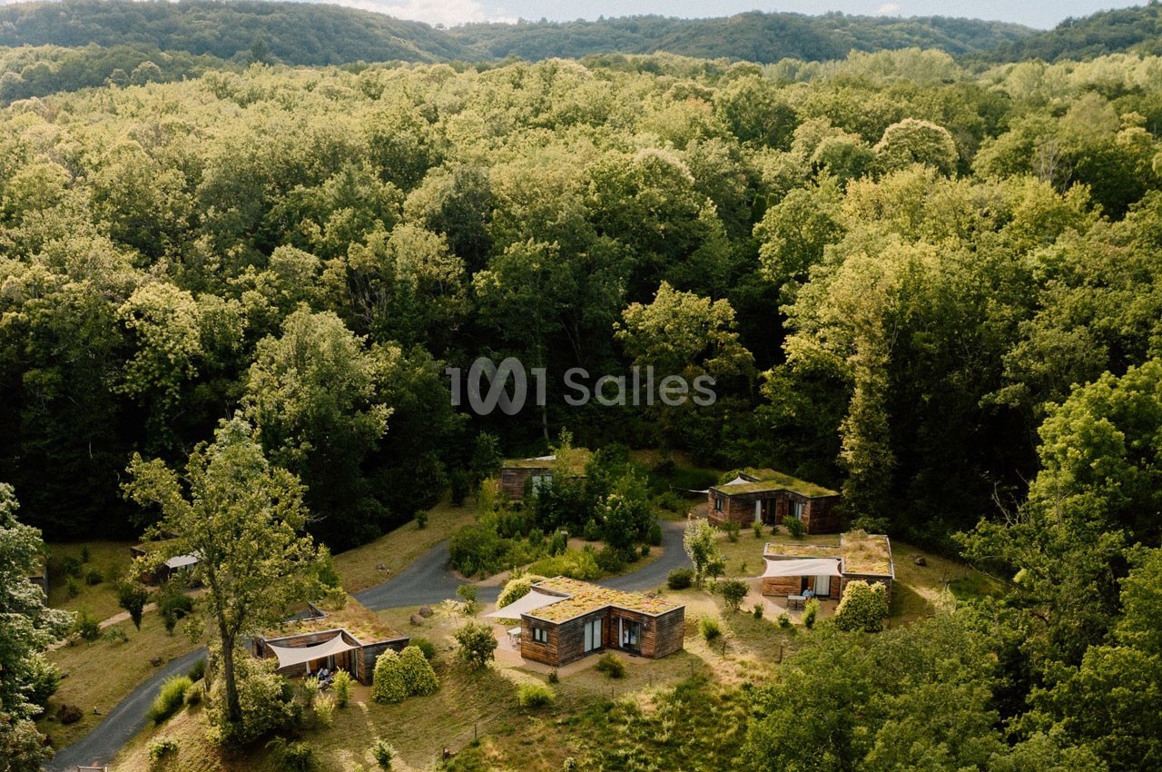 Vue aérienne de petites maisons en bois dispersées dans une forêt verdoyante sous un ciel partiellement nuageux.