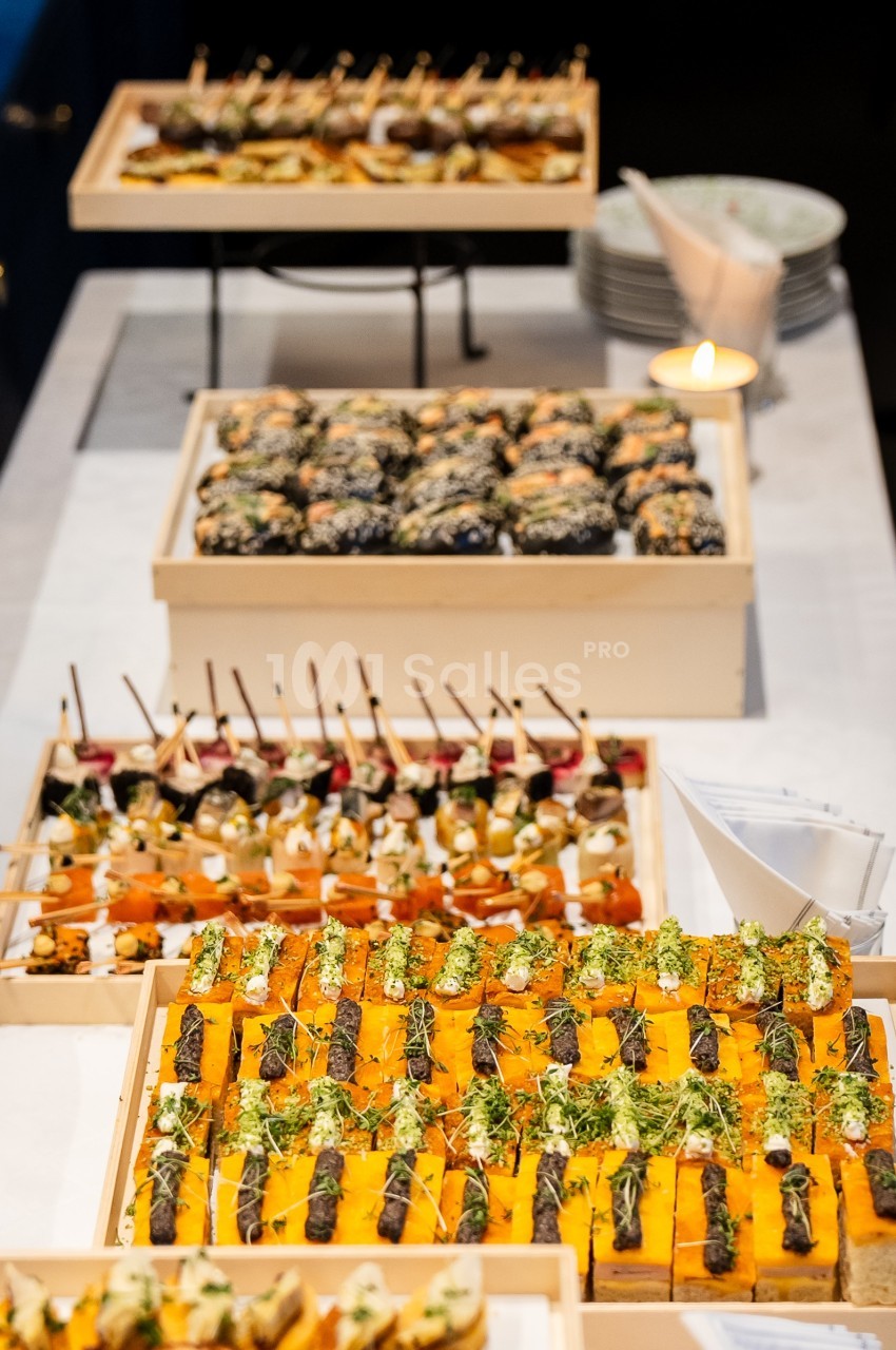 Plateau de canapés variés avec légumes, herbes fraîches et brochettes, disposés sur une table blanche.
