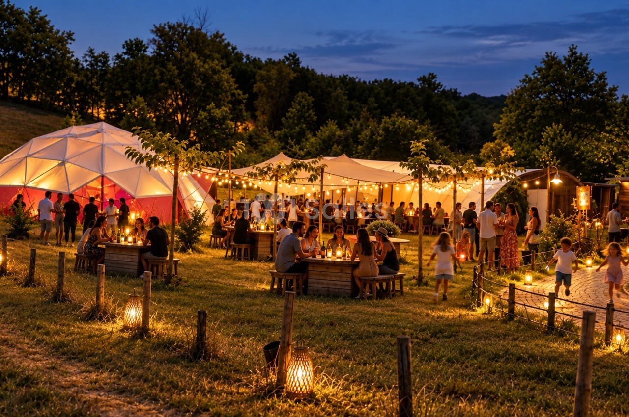 Soirée en plein air avec des tables éclairées, des guirlandes lumineuses et des invités dans un cadre champêtre.