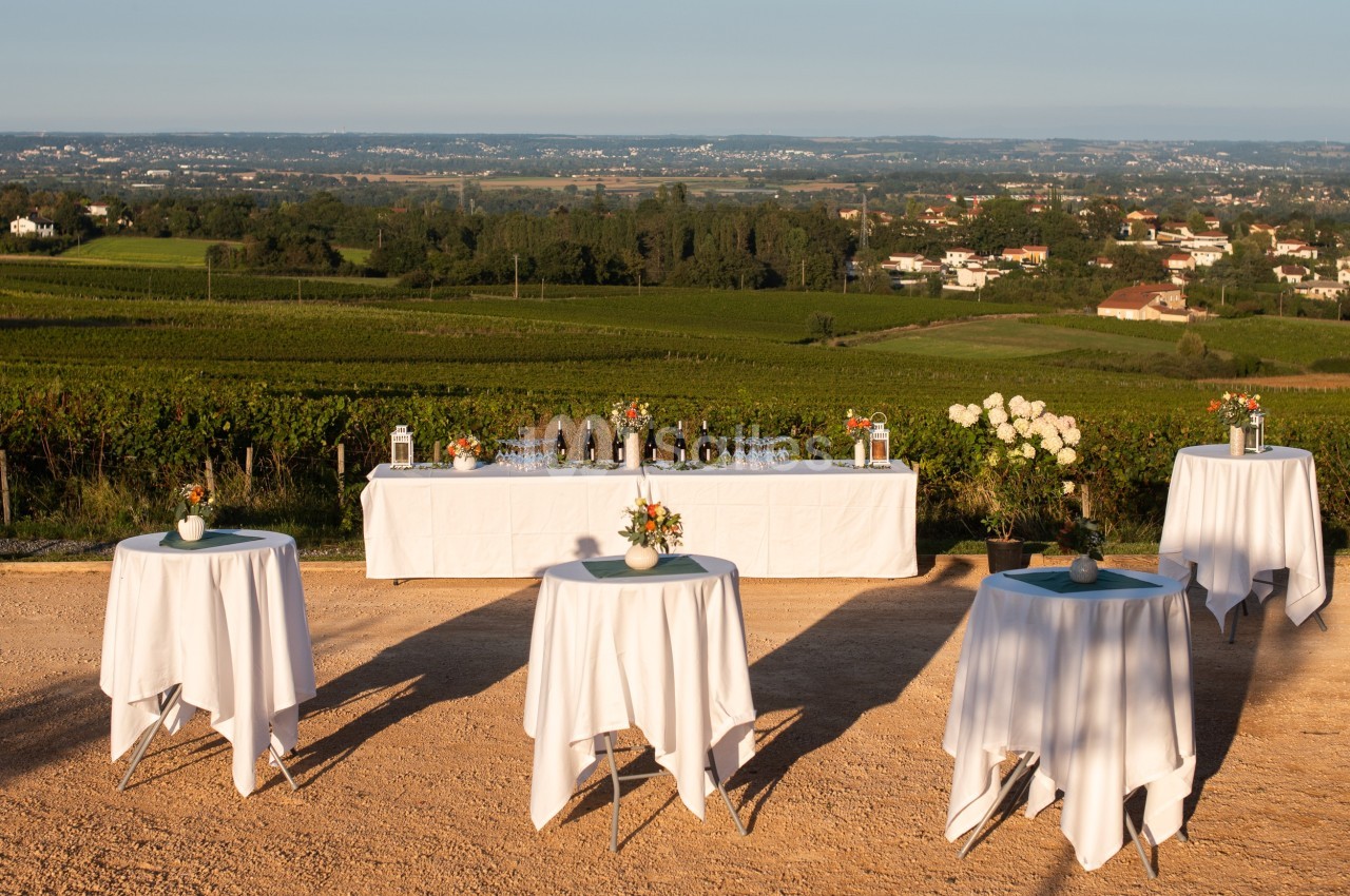 Tables dressées avec nappes blanches et bouquets de fleurs, disposées en extérieur devant un paysage de vignobles.