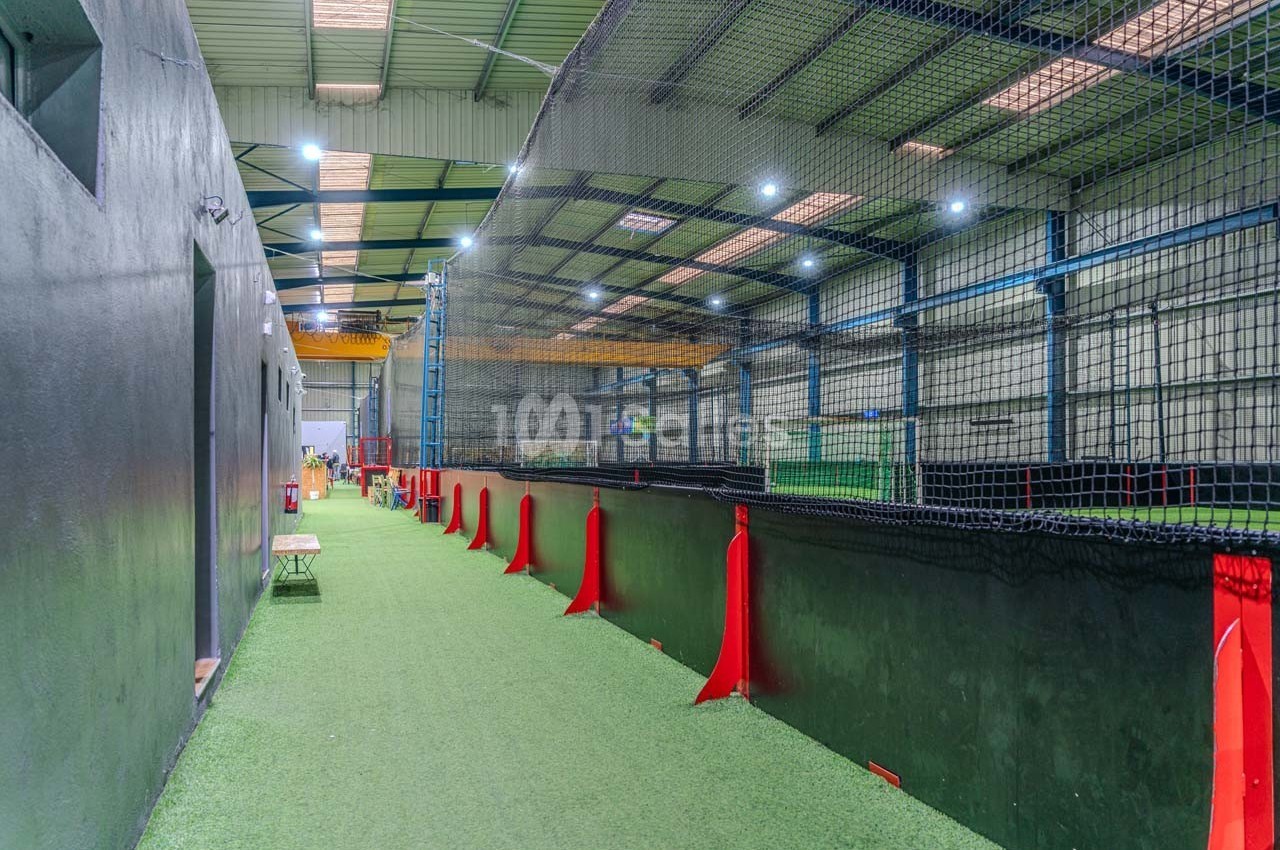 Terrain de sport intérieur avec gazon synthétique, filets de protection et éclairage artificiel.